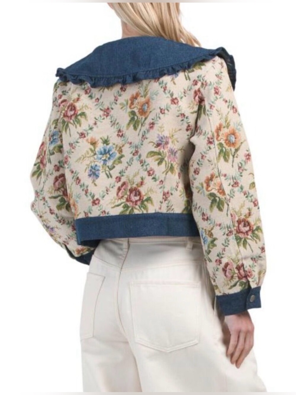 JACQUIE THE LABEL Cream Floral Tapestry Cropped Jacket with Blue Denim Trim M - Picture 2 of 11